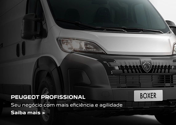 Parte frontal do Peugeot Boxer branco com logo na grade e placa Boxer, com texto Peugeot Professional sobreposto. Peugeot Professional