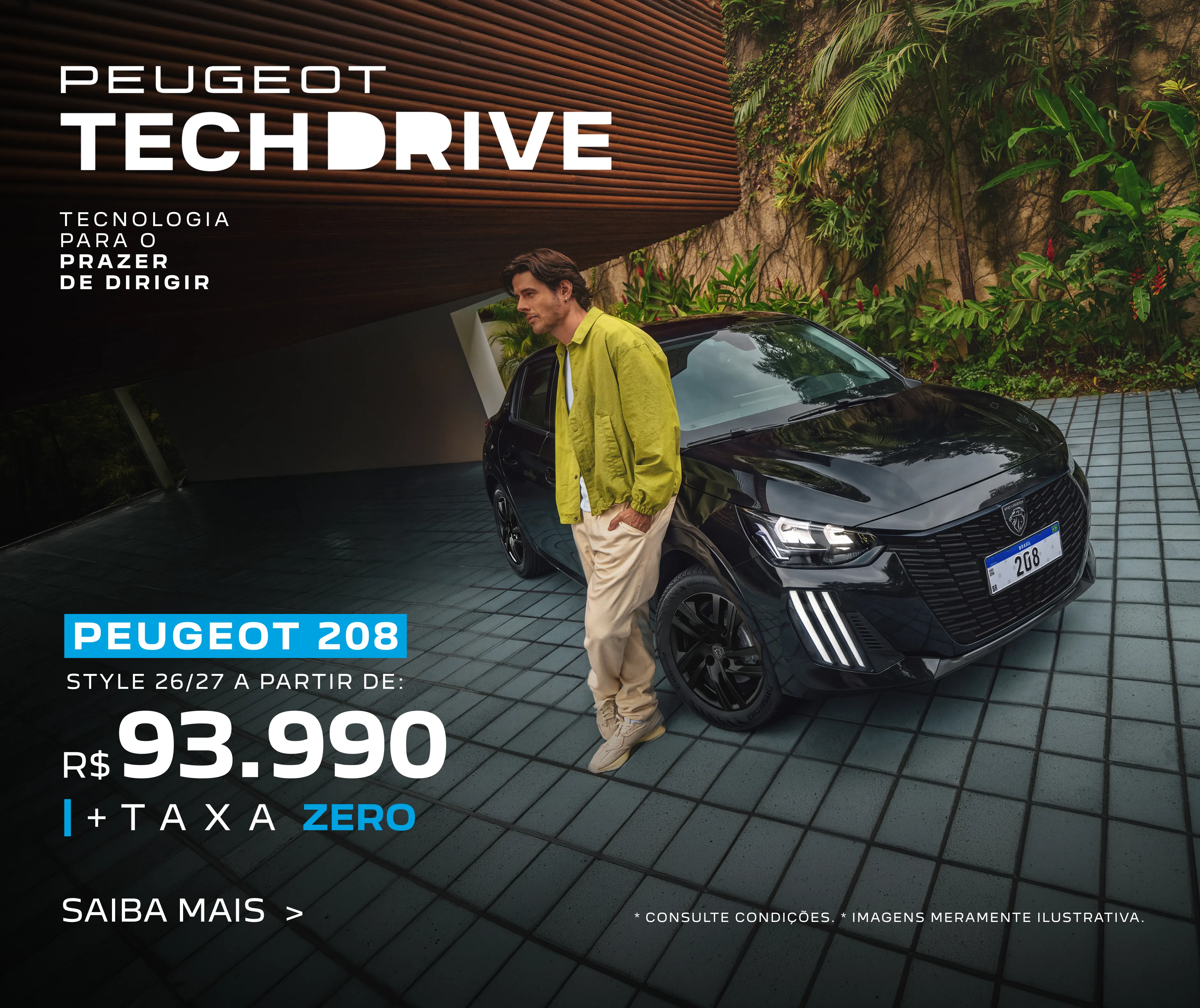 Homem ao lado de Peugeot 208 cinza em frente a área verde, com chamada Techdrive e oferta de preço. Oferta do Peugeot 208 Techdrive.